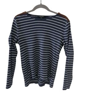 Lauren Ralph Lauren Striped Long Sleeve Sweater Women XL Brown Shoulder Patches‎